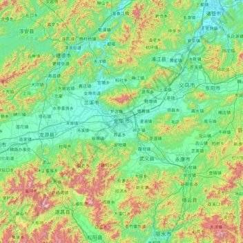Топографическая карта 金华市, высота, рельеф