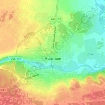Топографическая карта Миасское, высота, рельеф