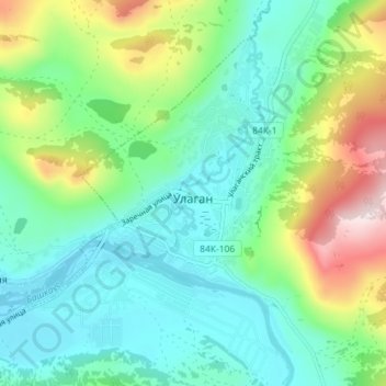 Топографическая карта Улаган, высота, рельеф