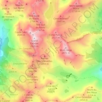 Топографическая карта Zone réglementée des Merveilles, высота, рельеф