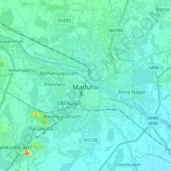 Топографическая карта Madurai, высота, рельеф