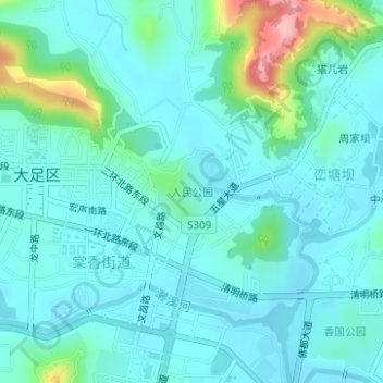 Топографическая карта 人民公园, высота, рельеф