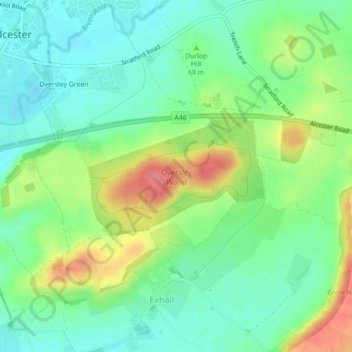 Топографическая карта Oversley Wood, высота, рельеф