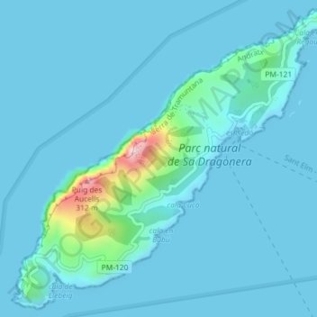 Топографическая карта Isla Dragonera, высота, рельеф