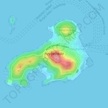 Топографическая карта Heybeliada, высота, рельеф