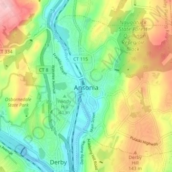 Топографическая карта Ansonia, высота, рельеф