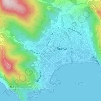Топографическая карта Будва, высота, рельеф