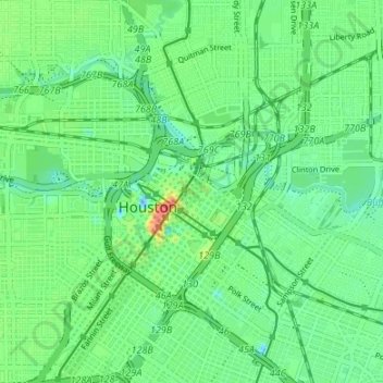 Топографическая карта original boundary of City of Houston, высота, рельеф