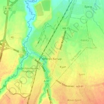 Топографическая карта Отеген Батыр, высота, рельеф