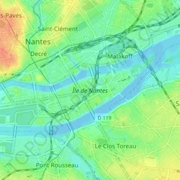 Топографическая карта Île de Nantes, высота, рельеф