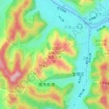 Топографическая карта 延安国家森林公园凤凰山景区, высота, рельеф