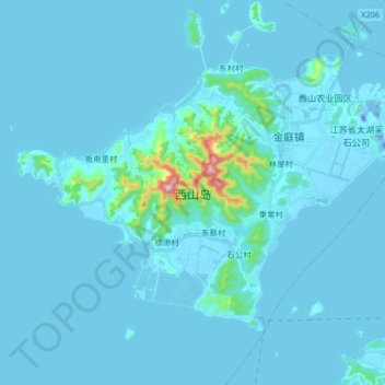Топографическая карта 西山岛, высота, рельеф