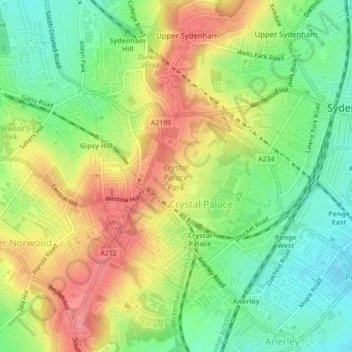 Топографическая карта Crystal Palace Park, высота, рельеф