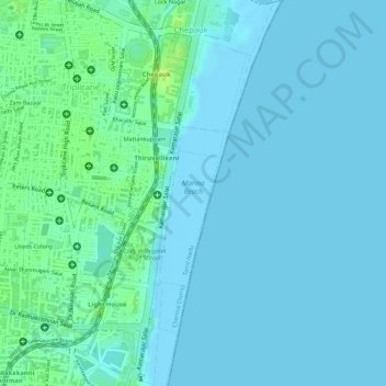 Топографическая карта Marina Beach (மறீனா கடல்கரை), высота, рельеф