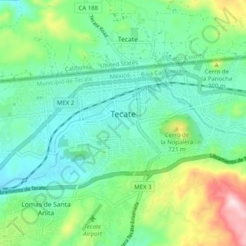 Топографическая карта Tecate, высота, рельеф