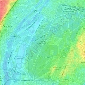 Топографическая карта Bois de Boulogne, высота, рельеф