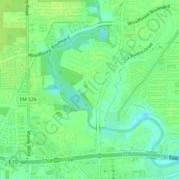 Топографическая карта Greens Bayou, высота, рельеф