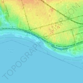 Топографическая карта Lakeshore Boulevard Parklands, высота, рельеф