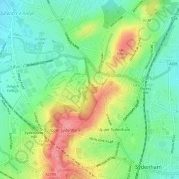Топографическая карта Sydenham Hill Wood, высота, рельеф