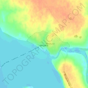 Топографическая карта Индига, высота, рельеф
