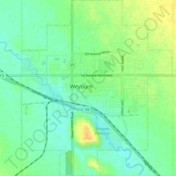 Топографическая карта Weyburn, высота, рельеф