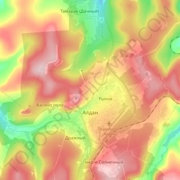 Топографическая карта Алдан, высота, рельеф