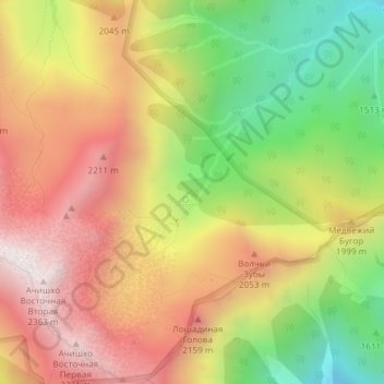 Топографическая карта Ачипсе, высота, рельеф