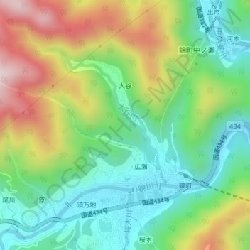 Топографическая карта 大谷川, высота, рельеф