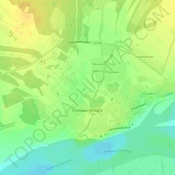 Топографическая карта Сольвычегодск, высота, рельеф