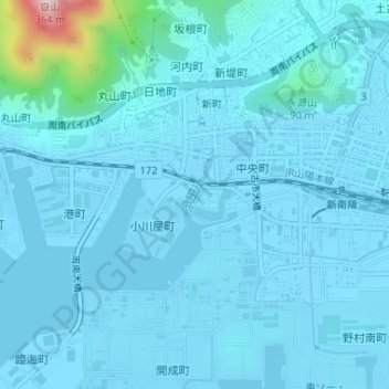 Топографическая карта 浜田川, высота, рельеф