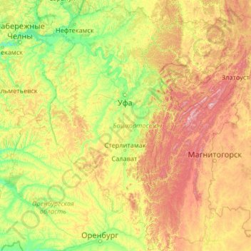 Топографическая карта Башкортостан, высота, рельеф